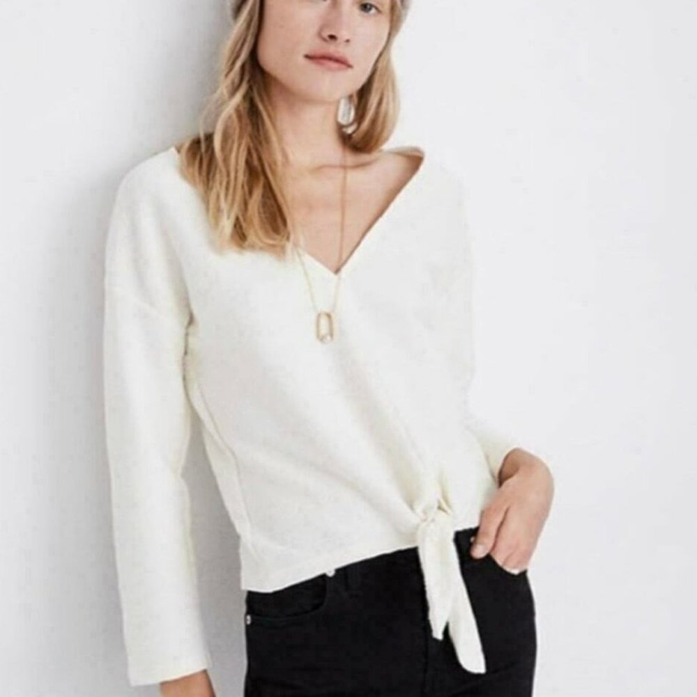 Madewell Cream Tie-Front V-Neck Knit Top